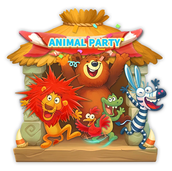 Cartoon animals celebrating an 'Animal Party' with a colorful tiki hut.