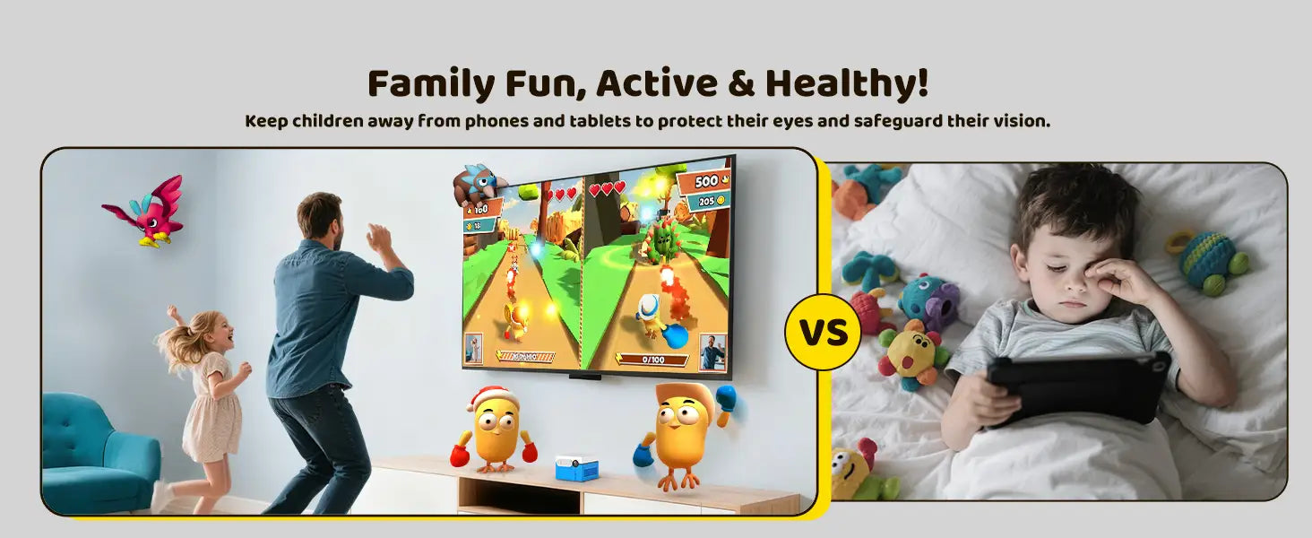 Comparison of a child playing with toys on a couch versus using a device, with text promoting family fun, activity, and health.