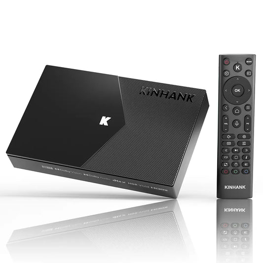 Black KINHANK TV box and remote control on a white background