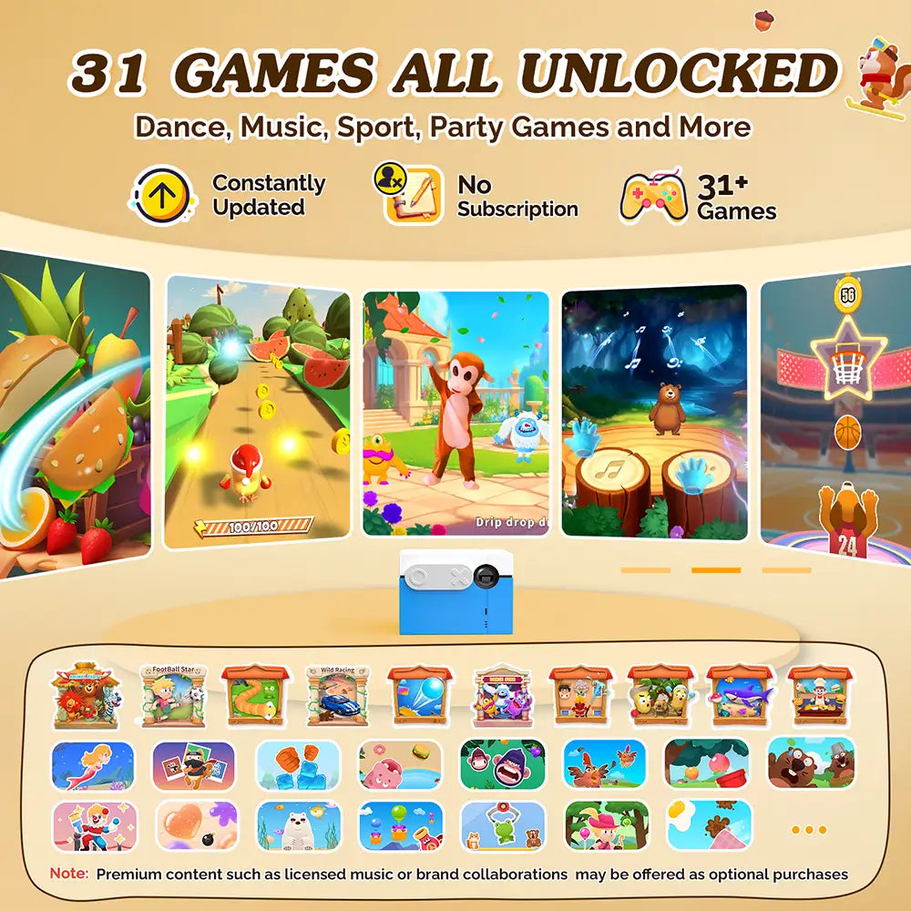 Television screen displaying a gaming platform with various game icons, surrounded by promotional text about monthly updates and no subscription fees.