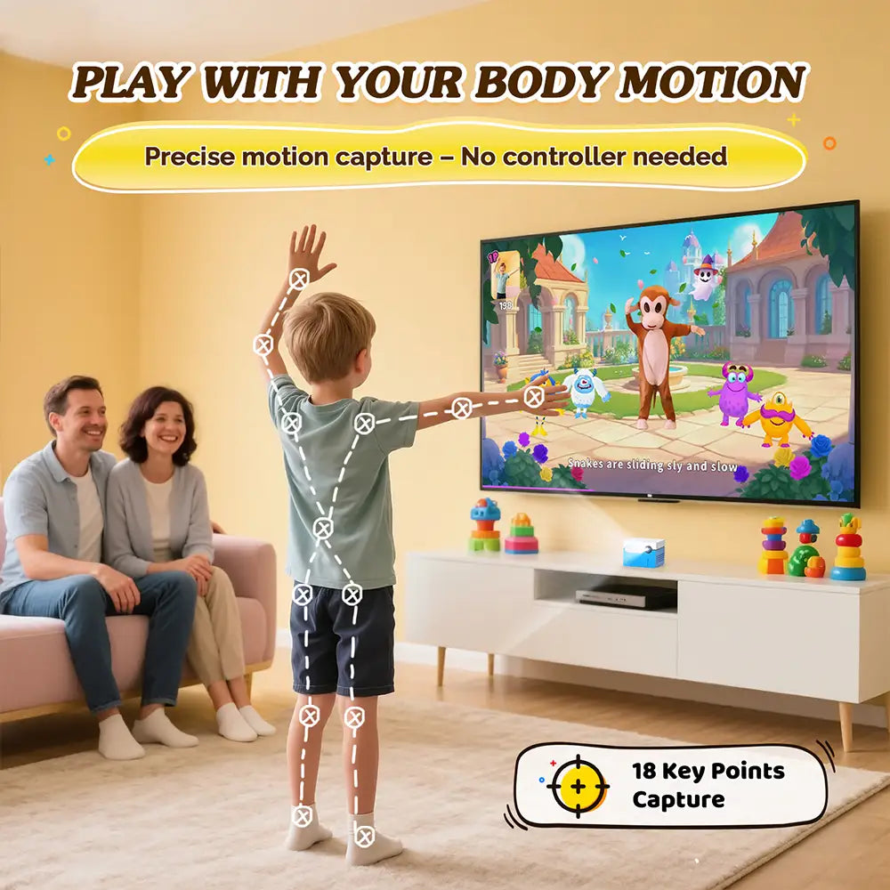 Two children playing a video game on a TV screen with controller-free motion detection.