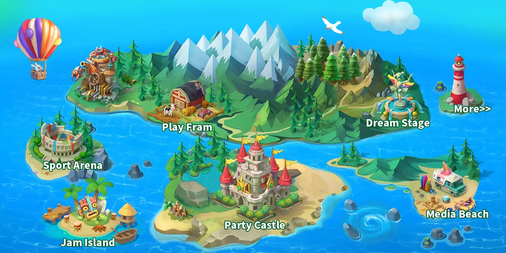 Colorful animated map with various themed areas on a blue background