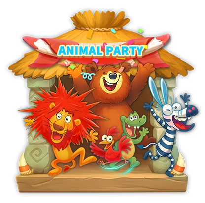 Cartoon animals celebrating an 'Animal Party' with a colorful tiki hut.