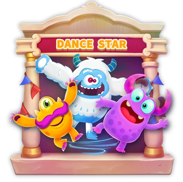 Three colorful monsters on a stage with 'Dance Star' text above them.