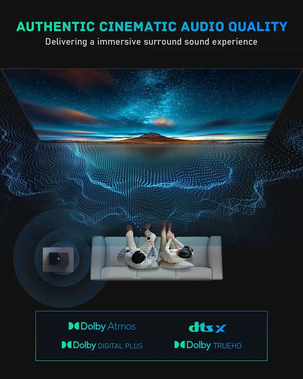 K9 for authentic cinematic audio quality with people on a couch watching a large screen displaying a scenic view.