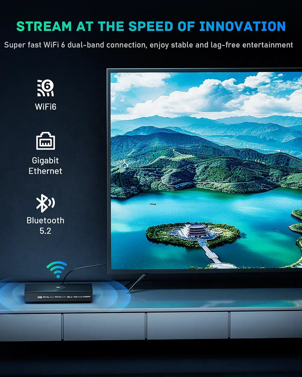 Television displaying a scenic landscape with connectivity features highlighted on the left.