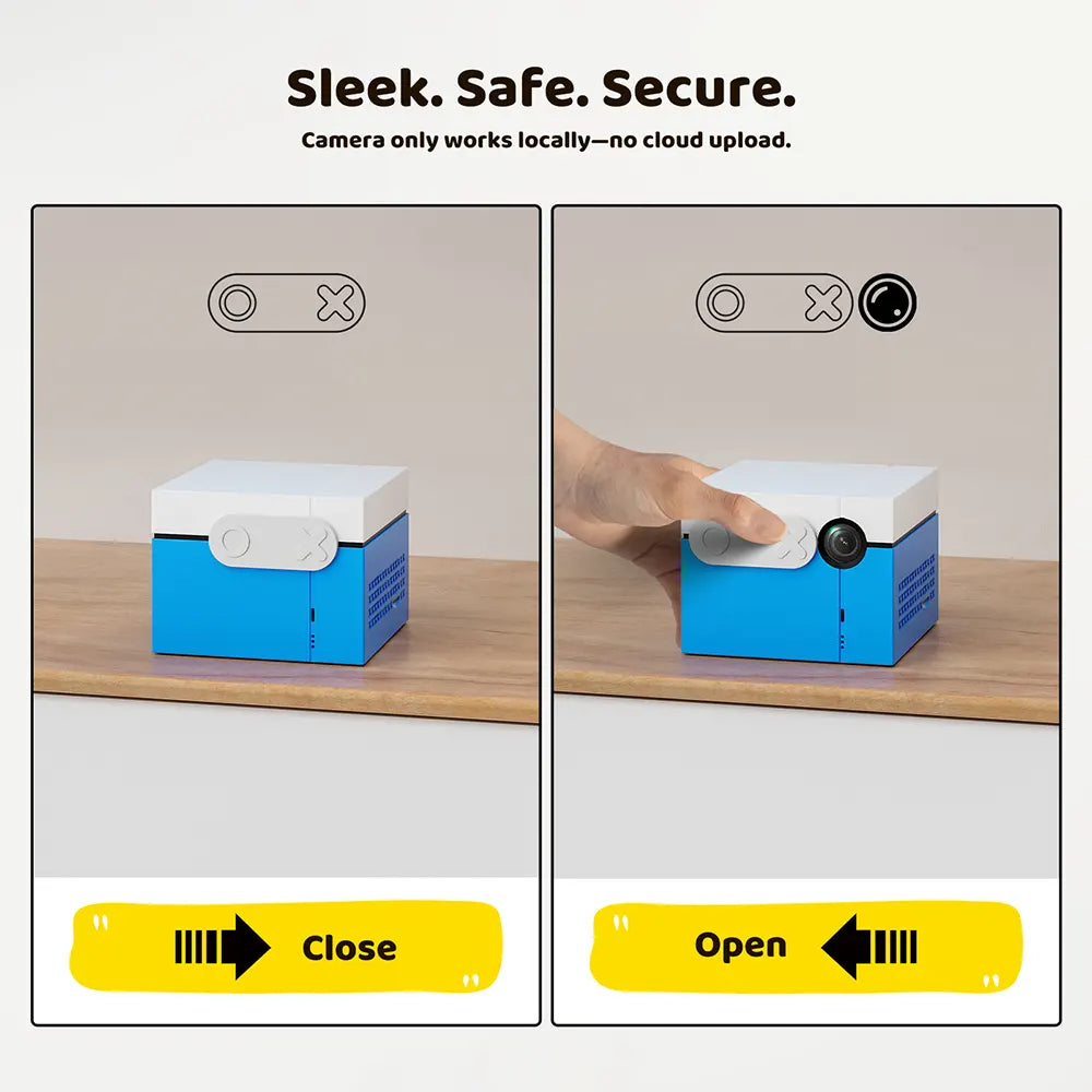 Blue and white device with a camera on a wooden surface, labeled 'Close' and 'Open'.