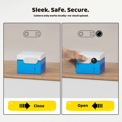 Blue and white device with a camera on a wooden surface, labeled 'Close' and 'Open'.