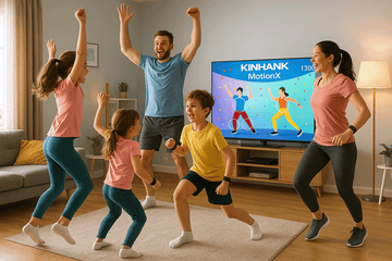 Family exercising in a living room with a TV showing a fitness program.