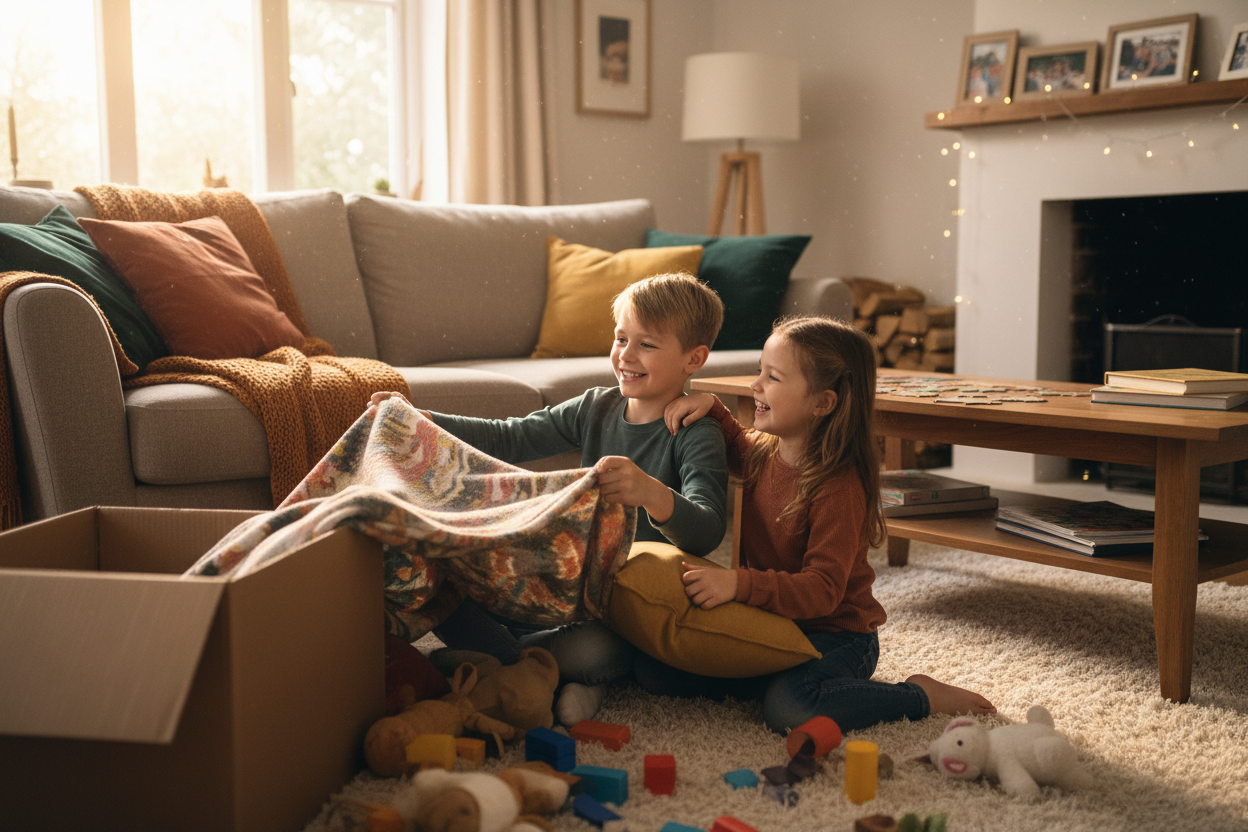 Two siblings happily cooperating and playing together in a warm living-room setting, showing teamwork, empathy, and joyful bonding through interactive play.