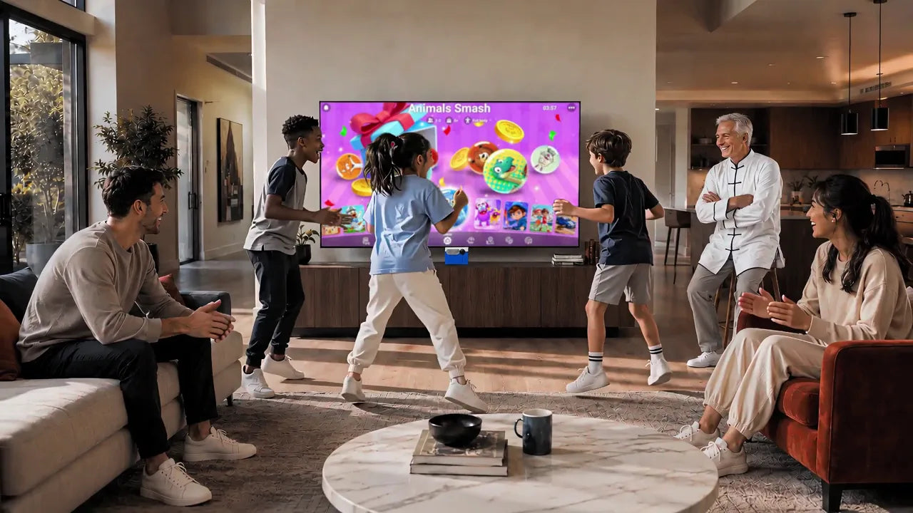 Een gezin speelt samen KINHANK MotionX in de woonkamer